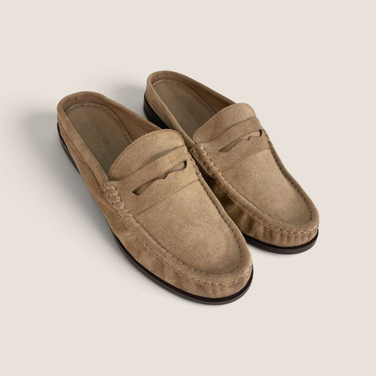 Sabot Penny Loafer in Beige Effetto Camoscio