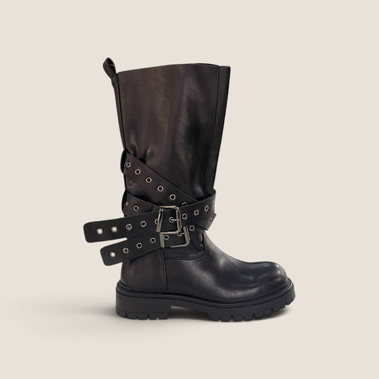 Stivale Biker Alto Donna con Cinturini Incrociati e Suola Carrarmato