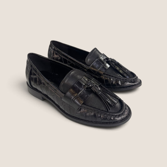 Mocassino Nero con Nappine Effetto Coccodrillo