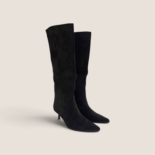 Stivale Alto con Tacco Effetto Camoscio Nero con Punta Affusolata