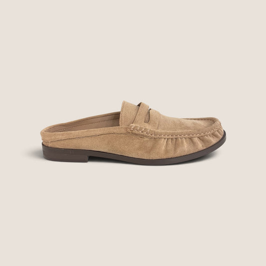 Sabot Penny Loafer in Beige Effetto Camoscio